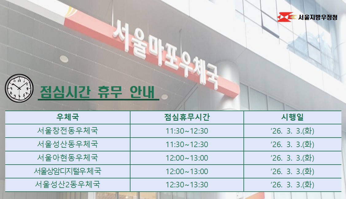 대상우체국    휴무시간   시행예정일
서울창전동우체국          11:30~12:30      &lsquo;26. 3. 3.(화)
서울성산동우체국          11:30~12:30      &lsquo;26. 3. 3.(화)
서울아현동우체국          12:00~13:00      &lsquo;26. 3. 3.(화)
서울상암디지털우체국   12:00~13:00       &lsquo;26. 3. 3.(화)
서울성산2동우체국        12:30~13:30       &lsquo;26. 3. 3.(화)

