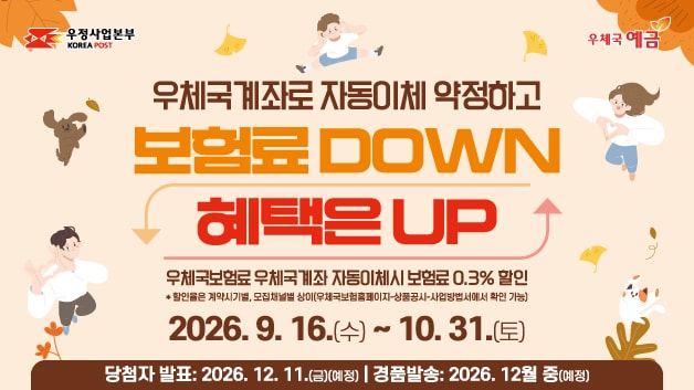 우정사업본부 KOREA POST
우체국예금
우체국계좌로 자동이체 약정하고
보험료 DOWN 혜택은 UP
2026.9.16.(수) ~ 10. 31.(토)
우체국보험료 우체국계좌 자동이체 시 보험료 0.3% 할인
※ 할인율은 계약시기별, 모집채널별 상이
(우체국보험홈페이지-상품공시-사업방법서에서 확인 가능)
당첨자 발표: 2026. 12. 11.(금)(예정)
경품발송: 2026. 12월 중(예정)