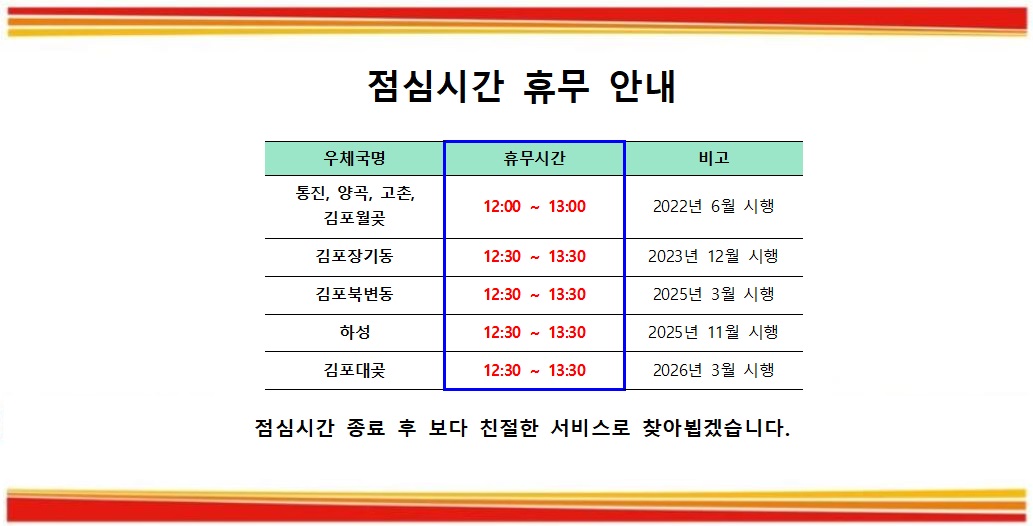 점심시간 휴무 안내

점심시간 종료 후 보다 친절한 서비스로 찾아뵙겠습니다.