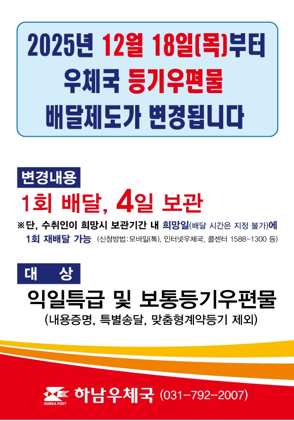 2025년 12월 18일(목)부터 우체국 등기우편물 배달제도가 변경됩니다.

변경내용 : 1회 배달, 4일 보관
(단, 수취인이 희망시 보관기간 내 희망일에 1회 재배달 가능, 배달시간은 지정 불가)

대상 : 익일특급 및 보통등기우편물
(내용증명, 특별송달, 맞춤형계약등기 제외)
