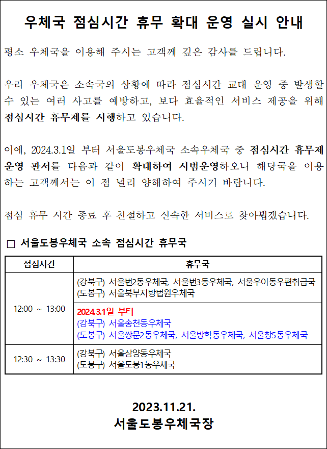 우체국 점심시간 휴무 확대 운영 실시 안내

평소 우체국을 이용해 주시는 고객께 깊은 감사를 드립니다.

우리 우체국은 소속국의 상황에 따라 점심시간 교대 운영 중 발생할 수 있는 여러 사고를 예방하고, 보다 효율적인 서비스 제공을 위해 점심시간 휴무제를 시행하고 있습니다.

이에, 2024.3.1일 부터 서울도봉우체국 소속우체국 중 점심시간 휴무제 운영 관서를 다음과 같이 확대하여 시범운영하오니 해당국을 이용하는 고객께서는 이 점 널리 양해하여 주시기 바랍니다.

점심 휴무 시간 종료 후 친절하고 신속한 서비스로 찾아뵙겠습니다.

서울도봉우체국 소속 점심시간 휴무국


12:00 ~ 13:00
(강북구) 서울번2동우체국, 서울번3동우체국, 서울우이동우편취급국
(도봉구) 서울북부지방법원우체국
2024.3.1일 부터
(강북구) 서울송천동우체국
(도봉구) 서울쌍문2동우체국, 서울방학동우체국, 서울창5동우체국
12:30 ~ 13:30
(강북구) 서울삼양동우체국
(도봉구) 서울도봉1동우체국

