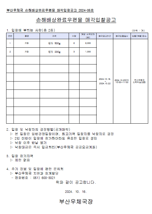 부산우체국 손해배상완료우편물 매각입찰공고 2024-05호

손해배상완료우편물 매각입찰공고



1. 입찰에 부치는 사항(총2종) 

  1) 커피 / 원두 500g / 2개 / 개당 시작단가: 2,000원

  2) 커피 / 원두 200g / 3개 / 개당 시작단가: 1,000원



매각공고기간: 2024.10.16.~2024.10.22.

매각입찰일시: 2024.10.23.(수) 10:00~11:00

입찰(개찰)장소: 부산우체국 소회의실(2층)



2. 입찰 및 낙찰자의 결정방법(공개매각)

  1) 본 입찰은 일반경쟁입찰이며, 최고가격 입찰자를 낙찰자로 결정

  2) 2인 미만이 입찰에 참가하더라도 유효한 입찰로 성립

  3) 낙찰 이후 반납 불가

  4) 낙찰대금은 즉시 입금처리(부산우체국 공공요금계좌)



3. 입찰 참가자격

  * 제한없음



4. 추가 정보 및 입찰에 관한 문의처

  * 부산우체국 지원과 회계담당

  * 전화번호: 051-600-3021



위와 같이 공고합니다.

2024.10.16.

부산우체국장