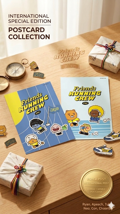 Friends
RUNNING
CREW
FRC

KOREA POST
INTERNATIONAL POST
AIRMAIL-CAPABLE
POSTCARDS

Ryan, Apeach, Tube,
Neo, Con, Choonsik
