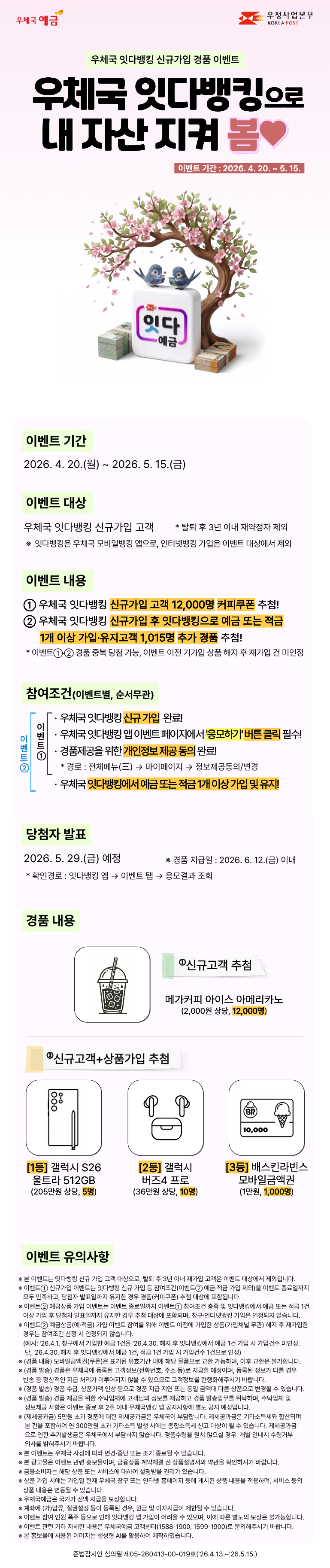 우체국 잇다뱅킹 신규가입 경품 이벤트,
우체국 잇다뱅킹으로 내자산 지켜 봄

이벤트 기간 : 2026. 4. 20. ~ 5. 15.

이벤트 대상 : 우체국 잇다뱅킹 신규가입 고객
  * 탈퇴 후 3년 이내 재약정자 제외
 ※ 잇다뱅킹은 우체국 모바일뱅킹 앱으로, 인터넷뱅킹 가입은 이벤트 대상에서 제외

이벤트 내용
① 우체국 잇다뱅킹 신규가입 고객 12,000명 커피쿠폰 추첨!
② 우체국 잇다뱅킹 신규가입 후 잇다뱅킹으로 예금 또는 적금 1개 이상 가입·유지고객 1,015명 추가 경품 추첨!
* 이벤트①·② 경품 중복 당첨 가능, 이벤트 이전 기가입 상품 해지 후 재가입 건 미인정

참여조건(이벤트별, 순서무관)
이벤트① 
- 우체국 잇다뱅킹 신규 가입 완료!
- 우체국 잇다뱅킹 앱 이벤트 페이지에서 응모하기 버튼 클릭 필수!
- 경품제공을 위한 개인정보 제공 동의 완료!
* 경로 : 전체메뉴(三) → 마이페이지 → 정보제공동의/변경

이벤트②
- 우체국 잇다뱅킹 신규 가입 완료!
- 우체국 잇다뱅킹 앱 이벤트 페이지에서 응모하기 버튼 클릭 필수!
- 경품제공을 위한 개인정보 제공 동의 완료!
- 우체국 잇다뱅킹에서 예금 또는 적금 1개 이상 가입 및 유지!

당첨자 발표 : 2026. 5. 29.(금) 예정
* 확인경로 : 잇다뱅킹 앱 → 이벤트 탭 → 응모결과 조회
※ 경품 지급일 : 2026. 6. 12.(금) 이내

경품내용
이벤트① 신규고객 추첨 : 메가커피 아이스 아메리카노(2,000원 상당, 12,000명)
이벤트② 신규고객+상품가입 추첨
 1등 갤럭시 S26 울트라 512GB(205만원 상당, 5명)
 2등 갤럭시 버즈4 프로(36만원 상당, 10명)
 3등 배스킨라빈스 모바일금액권(1만원, 1,000명)

이벤트 유의사항
※ 본 이벤트는 잇다뱅킹 신규 가입 고객 대상으로, 탈퇴 후 3년 이내 재가입 고객은 이벤트 대상에서 제외됩니다.
※ 이벤트①신규가입 이벤트는 잇다뱅킹 신규 가입 등 참여조건(이벤트② 예금·적금 가입 제외)을 이벤트 종료일까지 모두 만족하고, 당첨자 발표일까지 유지한 경우 경품(커피쿠폰) 추첨 대상에 포함됩니다.
※ 이벤트②예금상품가입 이벤트는 이벤트 종료일까지 이벤트① 참여조건 충족 및 잇다뱅킹에서 예금 또는 적금 1건 이상 가입 후 당첨자 발표일까지 유지한 경우 추첨 대상에 포함되며, 창구·인터넷뱅킹 가입은 인정되지 않습니다.
※ 이벤트②예금상품(예·적금) 가입 이벤트 참여를 위해 이벤트 이전에 가입한 상품(가입채널 무관) 해지 후 재가입한 경우는 참여조건 산정 시 인정되지 않습니다.(예시: 26.4.1. 창구에서 가입한 예금 1건을 26.4.30. 해지 후 잇다뱅킹에서 예금 1건 가입 시 가입건수 미인정. 단, 26.4.30. 해지 후 잇다뱅킹에서 예금 1건, 적금 1건 가입 시 가입건수 1건으로 인정)
※ (경품 내용) 모바일금액권(쿠폰)은 표기된 유효기간 내에 해당 물품으로 교환 가능하며, 이후 교환은 불가합니다.
※ (경품 발송) 경품은 우체국에 등록된 고객정보(전화번호, 주소 등)로 지급할 예정이며, 등록된 정보가 다를 경우 반송 등 정상적인 지급 처리가 이루어지지 않을 수 있으므로 고객정보를 현행화해주시기 바랍니다.
※ (경품 발송) 경품 수급, 상품가액 인상 등으로 경품 지급 지연 또는 동일 금액대 다른 상품으로 변경될 수 있습니다.
※ (경품 발송) 경품 제공을 위한 수탁업체에 고객님의 정보를 제공하고 경품 발송업무를 위탁하며, 수탁업체 및 정보제공 사항은 이벤트 종료 후 2주 이내 우체국뱅킹 앱 공지사항에 별도 공지 예정입니다.
※ (제세공과금) 5만원 초과 경품에 대한 제세공과금은 우체국이 부담합니다. 제세공과금은 기타소득세와 합산되며 본 건을 포함하여 연 300만원 초과 기타소득 발생 시에는 종합소득세 신고 대상이 될 수 있습니다. 제세공과금으로 인한 추가발생금은 우체국에서 부담하지 않습니다. 경품수령을 원치 않으실 경우 개별 안내시 수령거부 의사를 밝혀주시기 바랍니다.
※ 본 이벤트는 우체국 사정에 따라 변경·중단 또는 조기 종료될 수 있습니다.
※ 본 광고물은 이벤트 관련 홍보물이며, 금융상품 계약체결 전 상품설명서와 약관을 확인하시기 바랍니다.
※ 금융소비자는 해당 상품 또는 서비스에 대하여 설명받을 권리가 있습니다.
※ 상품 가입 시에는 가입일 현재 우체국 창구 또는 인터넷 홈페이지 등에 게시된 상품 내용을 적용하며, 서비스 등의 상품 내용은 변동될 수 있습니다.
※ 우체국예금은 국가가 전액 지급을 보장합니다.
※ 계좌에 (가)압류, 질권설정 등이 등록된 경우, 원금 및 이자지급이 제한될 수 있습니다.
※ 이벤트 참여 인원 폭주 등으로 인해 잇다뱅킹 앱 가입이 어려울 수 있으며, 이에 따른 별도의 보상은 불가능합니다.
※ 이벤트 관련 기타 자세한 내용은 우체국예금 고객센터(1588-1900, 1599-1900)로 문의해주시기 바랍니다.
※ 본 홍보물에 사용된 이미지는 생성형 AI를 활용하여 제작하였습니다.

준법감시인 심의필 제05-260413-00-019호(26.4.13.~26.5.15.)
