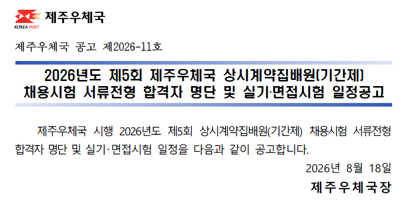 제주우체국 공고 제2026-11호
[2026년도 제5회 제주우체국 상시계약집배원(기간제) 채용시험 서류전형 합격자 명단 및 실기면접시험 일정공고]

제주우체국 시행 2026년도 제5회 상시계약집배원(기간제) 채용시험 서류전형 합격자 명단 및 실기면접시험 일정을 다음과 같이 공고합니다.

2026년 8월 18일
제주우체국장
