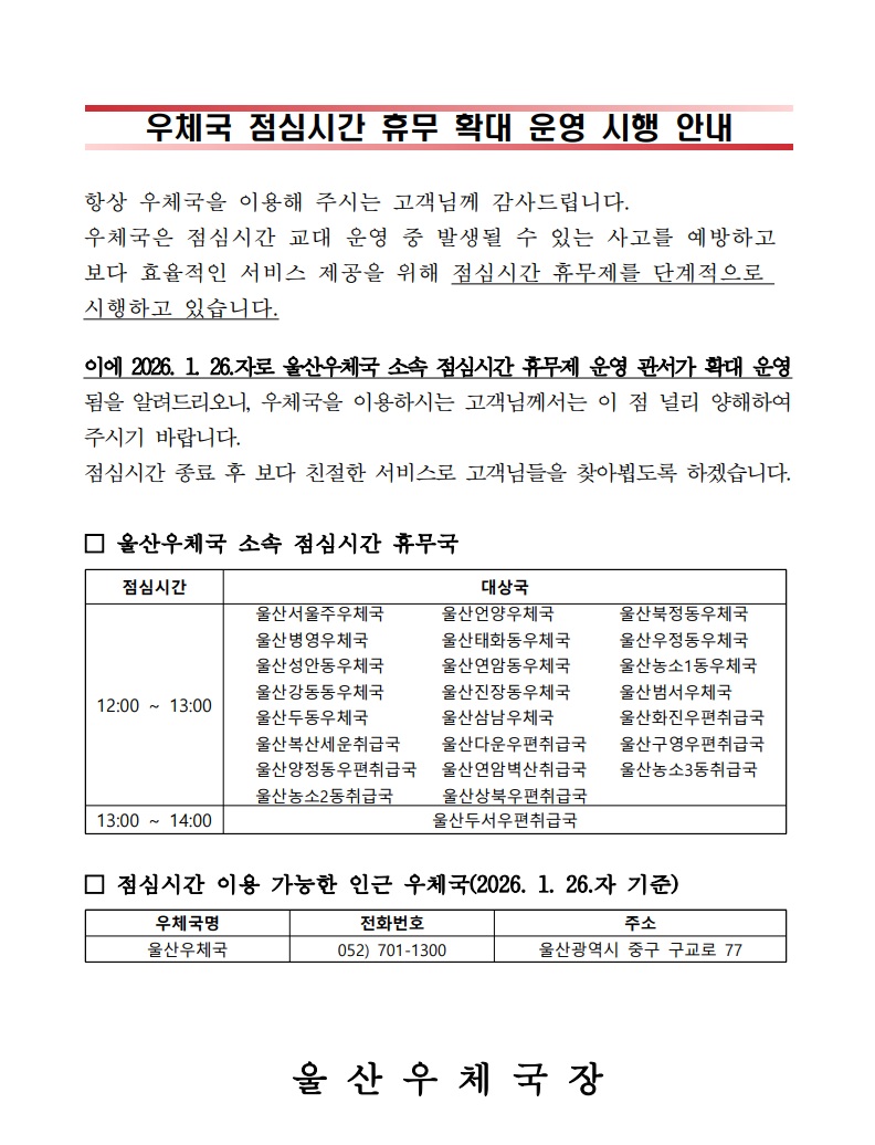 우체국 점심시간 휴무 확대 운영 시행 안내 항상 우체국을 이용해 주시는 고객님께 감사드립니다. 우체국은 점심시간 교대 운영 중 발생될 수 있는 사고를 예방하고 보다 효율적인 서비스 제공을 위해 점심시간 휴무제를 단계적으로 시행하고 있습니다. 이에 2026. 1. 26.자로 울산우체국 소속 점심시간 휴무제 운영 관서가 확대 운영됨을 알려드리오니, 우체국을 이용하시는 고객님께서는 이 점 널리 양해하여 주시기 바랍니다. 점심시간 종료 후 보다 친절한 서비스로 고객님들을 찾아뵙도록 하겠습니다. □ 울산우체국 소속 점심시간 휴무국 점심시간 대상국 12:00 ~ 13:00 울산서울주우체국, 울산언양우체국, 울산북정동우체국, 울산병영우체국, 울산태화동우체국, 울산우정동우체국, 울산성안동우체국, 울산연암동우체국, 울산농소1동우체국, 울산강동동우체국, 울산진장동우체국, 울산범서우체국, 울산두동우체국, 울산삼남우체국, 화진우편취급국, 복산세운우편취급국, 다운우편취급국, 양정동우편취급국, 연암벽산우편취급국, 농소3동우편취급국, 구영우편취급국, 농소2동우펹취급국, 상북우편취급국 13:00 ~ 14:00 울산두서우편취급국 □ 점심시간 이용 가능한 인근 우체국(2026.1.26.자 기준) 우체국명 전화번호 주소 울산우체국 052) 701-1300 울산광역시 중구 구교로 77 울 산 우 체 국 장