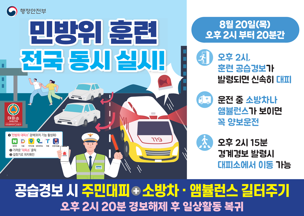 민방위 훈련 전국 동시 실시!
8월 20일(목) 오후 2시 부터 20분간
공습경보 시 주민대피+ 소방차 . 앰뷸런스 길터주기
