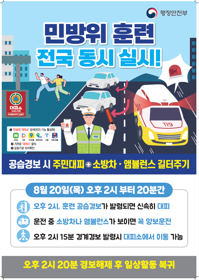 행정안전부
민방위 훈련
전국 동시 실시!
대피소
민방위 대피소 검색(위치 기능 활성화)
가까운 대피소 클릭
길찾기로 위치확인
공습경보 시 주민대피+소방차,앰뷸런스 길터주기
8월 20일(목) 오후 2시 부터 20분간
오후 2시, 훈련 공습경보가 발령되면 신속히 대피
운전 중 소방차나 앰뷸런스가 보이면 꼭 양보운전
오후 2시 15분 경계경보 발령시 대피소에서 이동 가능
오후 2시 20분 경보해제 후 일상활동 복귀